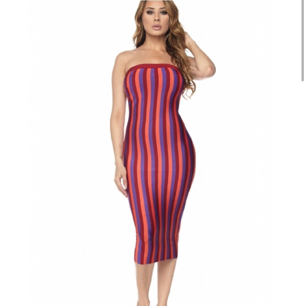Hera Collection Orange Red &Purple Striped Candice Bandage Strapless Dress NWT S
